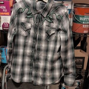 Rock & Roll Cowgirl Black and White Plaid Blouse with Green Accents